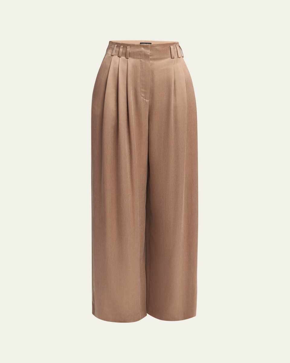 Pleated Wide Leg Viscose-Blend Trousers